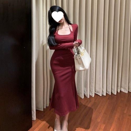 French design sense neck red dress women's autumn waist and thin hips fishtail dress long sleeve temperament long dress