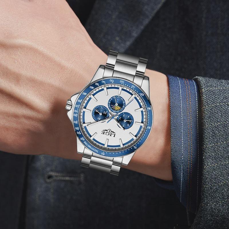 Men Quartz Wrist Watch Luminous Scale Waterproof Steel Strap Chronograph Watch with Calendar 24H Display