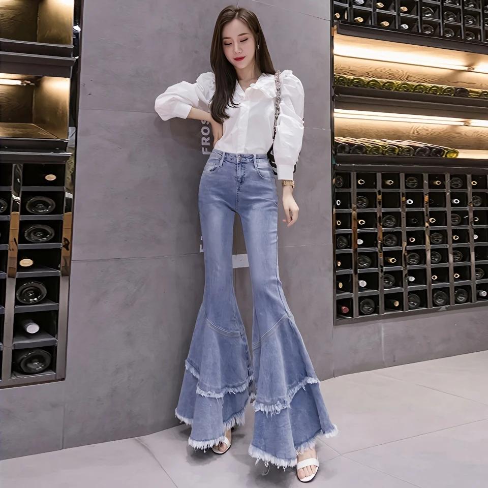 Women's Spring Design High Waist Flared Jeans Light Color Raw Edge Slimming Nine-Point Pants