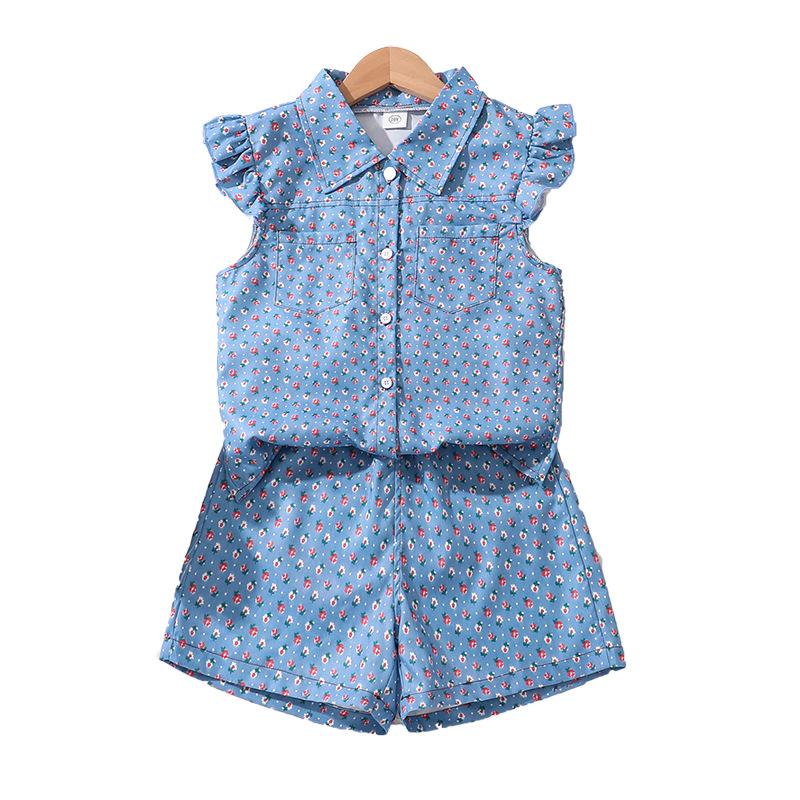 Children's Clothing Girls Suit Summer New Fly-sleeved Printing Short-sleeved Top + Shorts 2pcs