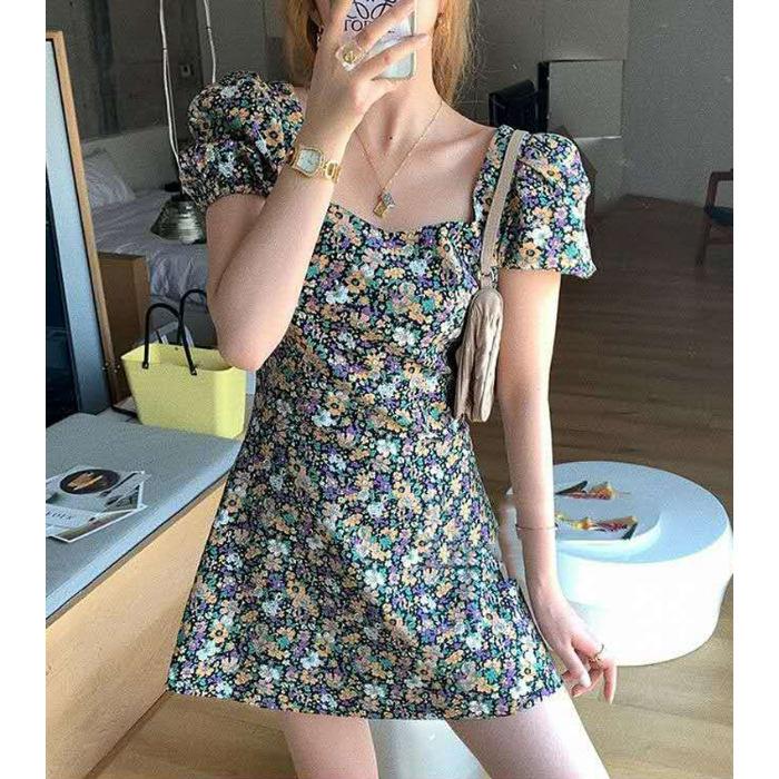 

Small slim dress summer new French square collar floral short skirt women s waist bubble sleeves 3XL