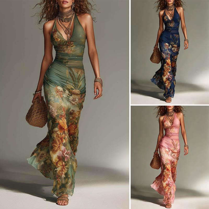 Abito Estivo Bohemien da Donna Retro Stampato Schiena Nuda con Bretelle e Fasciatura Monopezzo Orlo Ampio Stile Vacanza