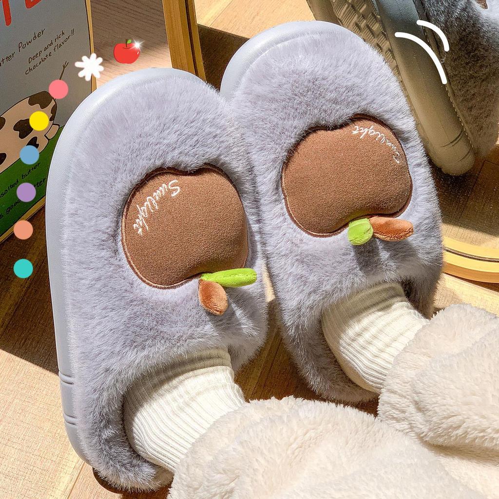 Women's Winter Plush Cotton Slippers - Cute Fruit Design, Cozy Velvet, Thick Sole, Couple-Friendly