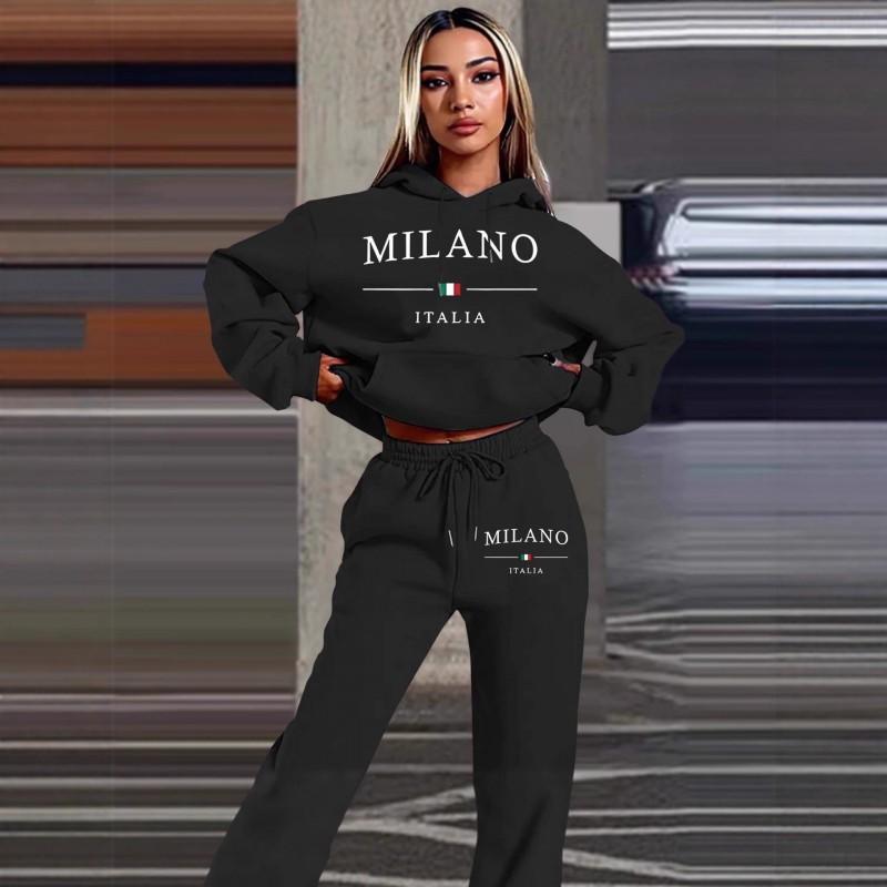 MILANO Plus Size Fleece Lined Hoodie Set Women Streetwear Printed Casual Tracksuit