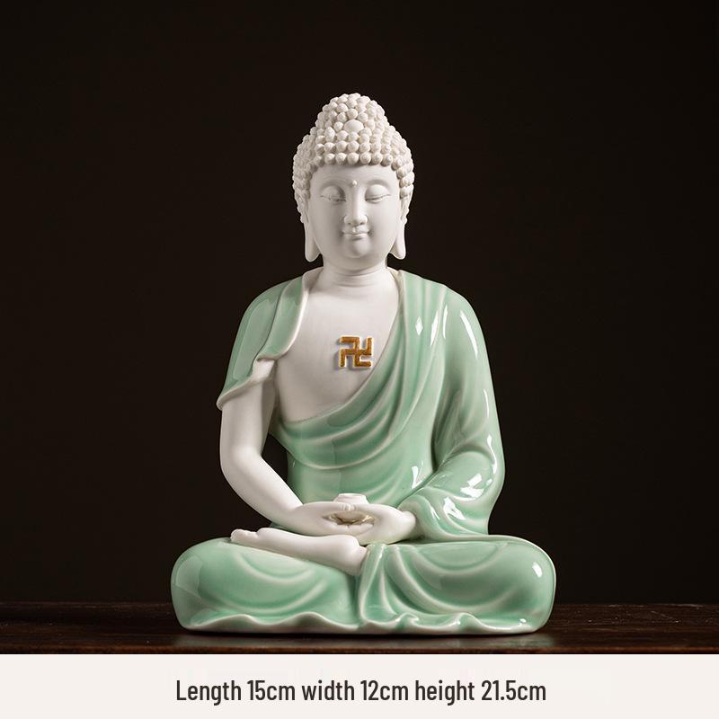 Keramik Shakyamuni Buddha Statue - Wohnzimmer Kunstwerk mit den Drei Heiligen und Lichtkreis Design