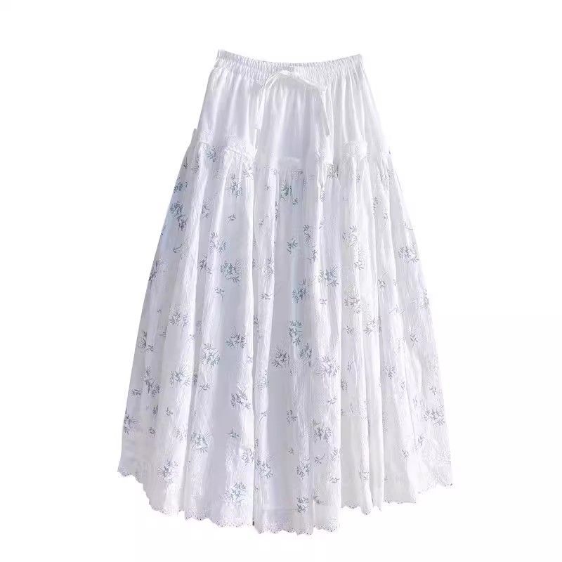 Fustă Maxi A-Line de Damă, de Primăvară/Vară, Făcută Manual - Croială Slim-Fit cu Garnitură din Dantelă Brodată și Imprimeu Floral Mărunt - Stil Feminin Dulce