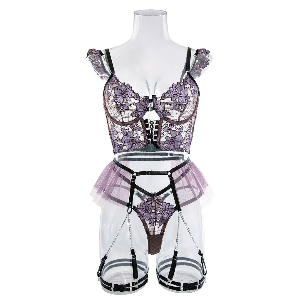 European and American Women Lingerie Set Three-Piece Sheer Mesh Embroidered Underwear Set Sexy Bra and Thongs Set