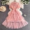 Runway Summer Holiday Sundress Black Lace Tulle Wedding Prom Sequins Dress Women Short Sleeve Flower Embroidery Dresses