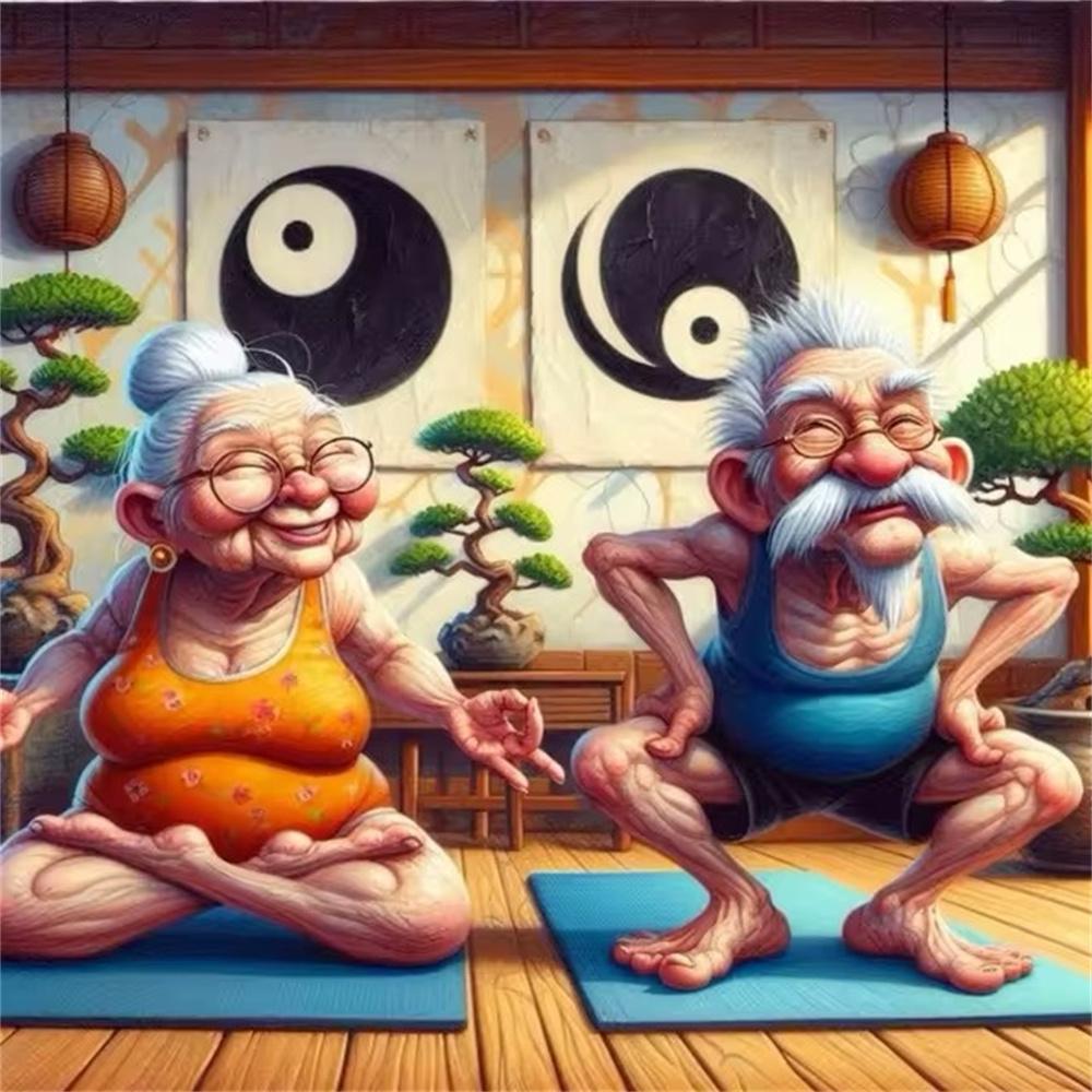 Cartoon Happy Old Couple 5D Full Round Diamond Painting Kits, Cute Grandma and Grandpa DIY Drills Mosaic Embroidery Cross-stitch