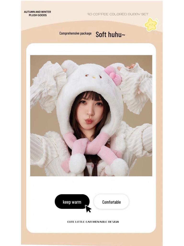 Women's Warm Fleece Cartoon Cat Hat with Moving Ears & Ear Muffs for Autumn/Winter