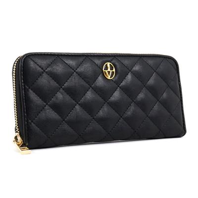 Luciano Valentino Long Large Round Zipper Quilted Elegance Women's Wallet, Capacity, Closure, Stitching, Brooch, High-End (Black)