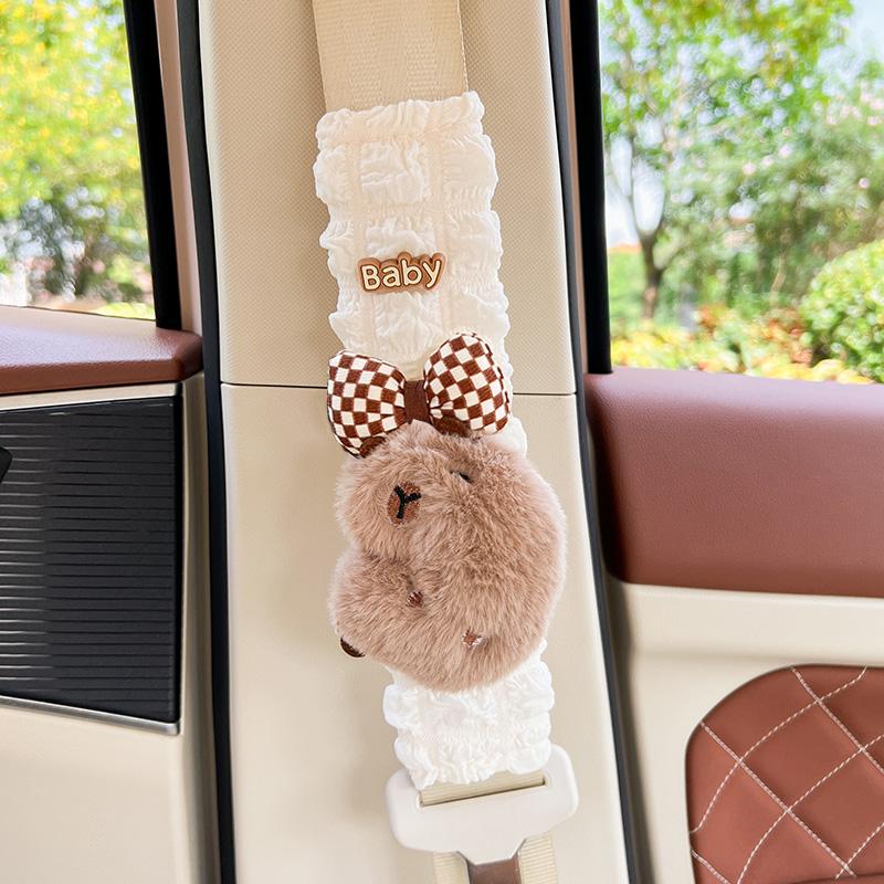 New Cute Cartoon Capybara Car Seat Belt Cover Four Season Universal Puff Material Auto Safety Shoulder Pad Car Decoration
