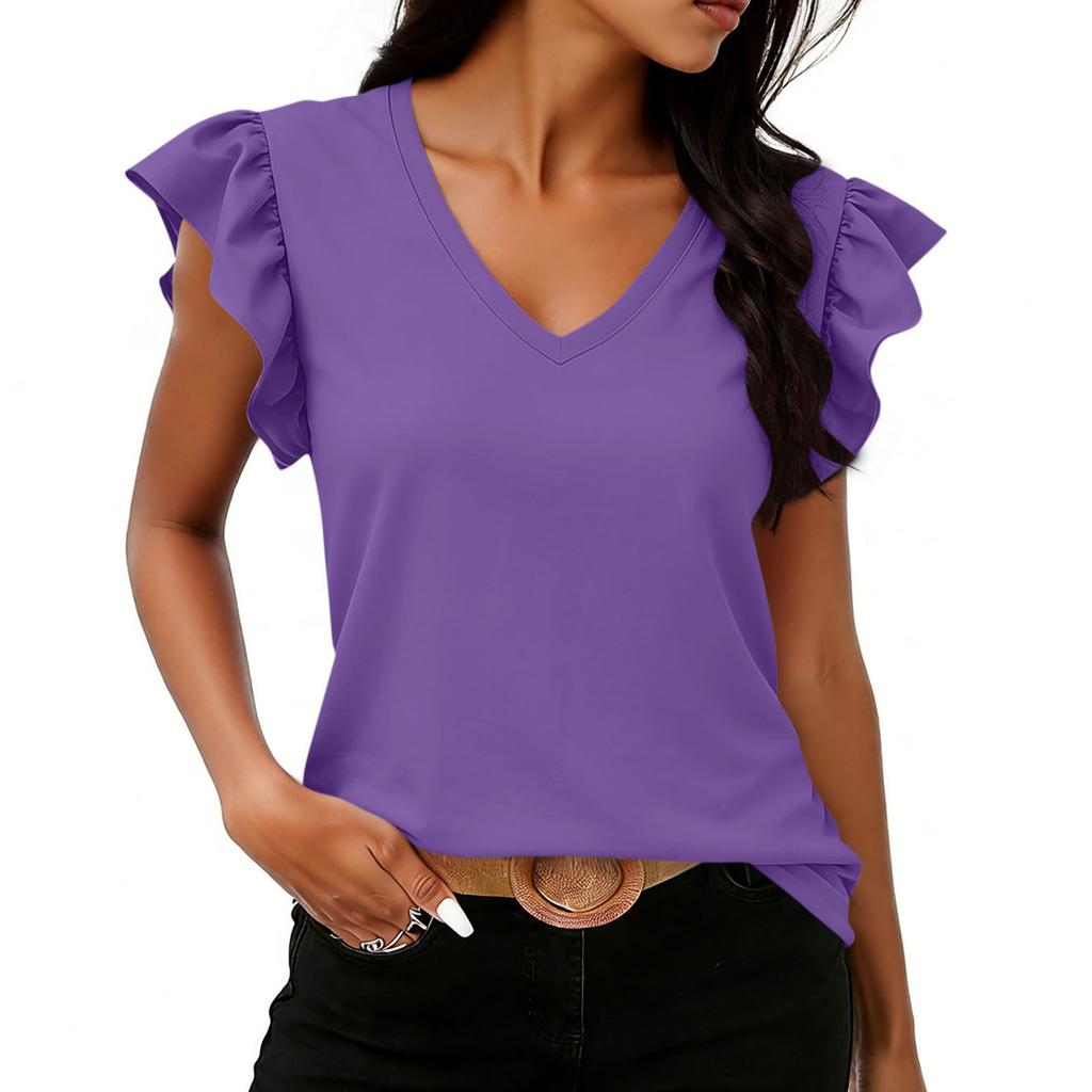 Women Fashion Casual Solid Color Ruffle Sleeve V Neck Short Sleeve Top Lightweight Comfortable Summer Shirt for Daily Wear