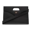 Black Leather Cut-out Handle Clutch with Detachable Crossbody Strap for Daily & Business Use
