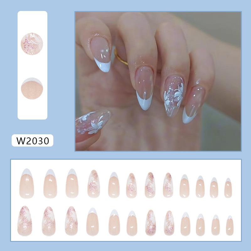 

Светло-голубой французский мелкий глиттер цветок съемный маникюр 24 штуки накладные ногти