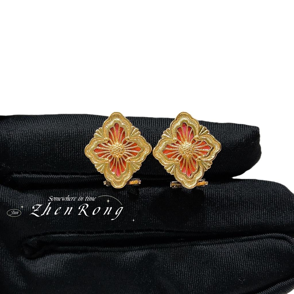 Italian Brushed Craftsmanship Retro Court Wind Tianhe Stone Set Four-Leaf Clover Bracelet Powder Agate Necklace Ring Ear