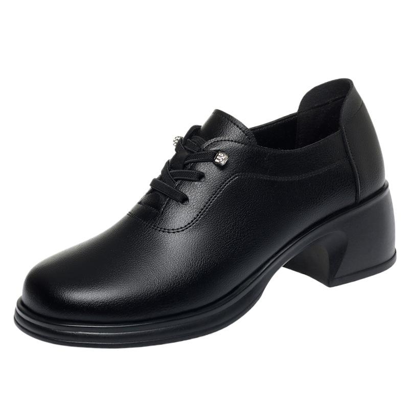 Breathable Comfortable Lace up Soft Leather Shoes Women Flats Spring 2025 Square Heels Black Shoes with Fur for Mom Work Dance