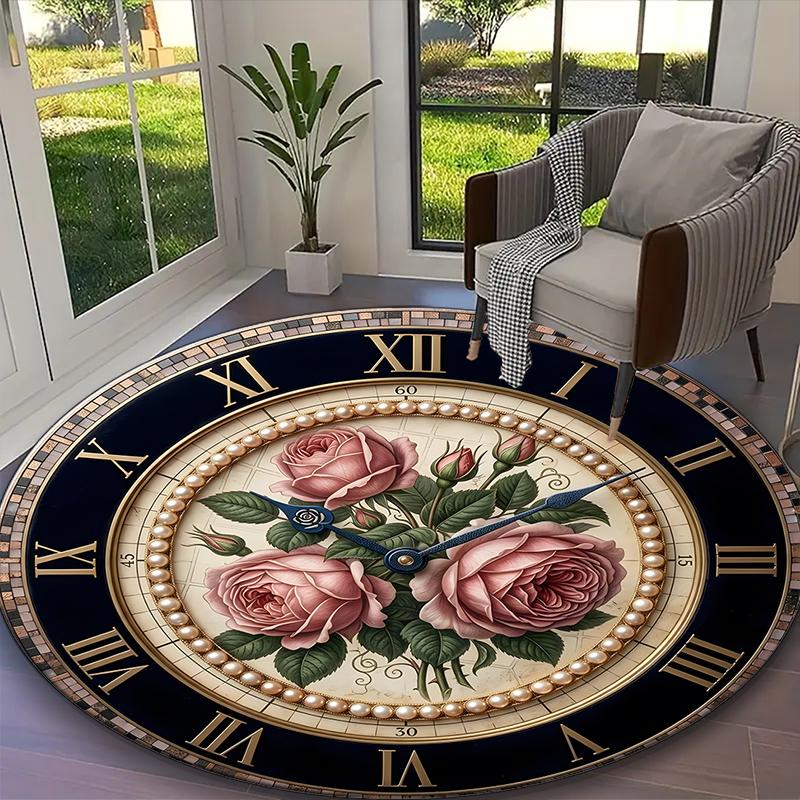 1pc Clock element Rug, Digital Printed Home Chair Sofa Mat, Durable Office Round Carpet, Beautiful Festival Decorations
