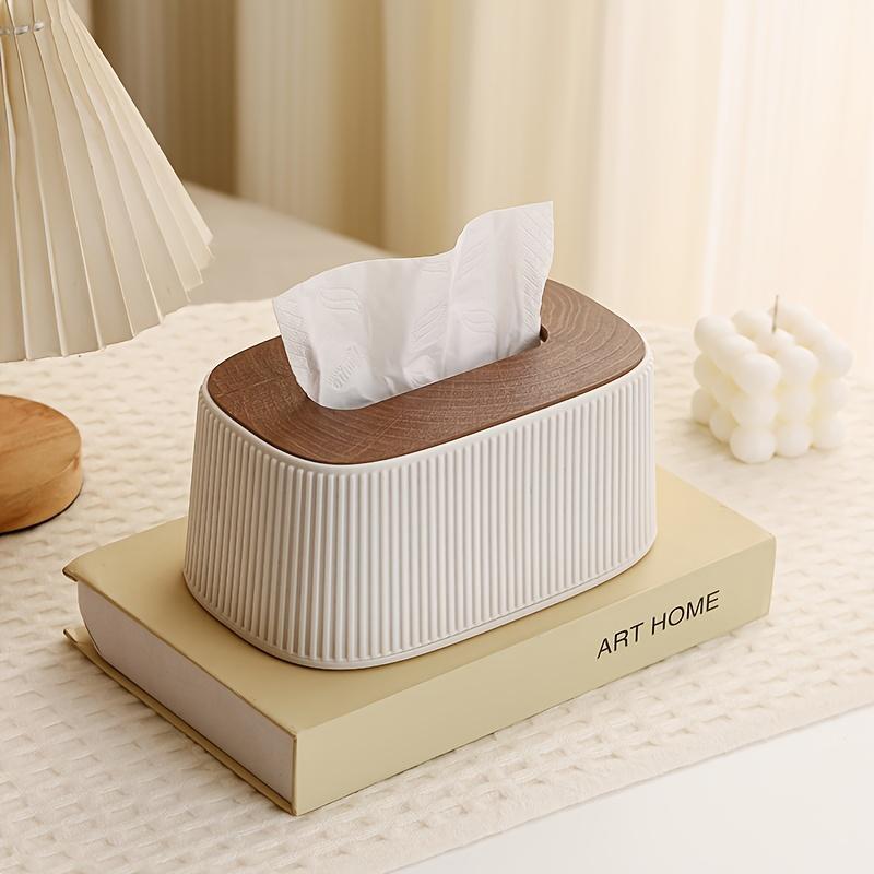 Auto Lift Spring Tissue Dispenser, Lovely Cream Box Cover with Wooden Lid, Perfect for Bathroom, Bedroom & Living Room Use