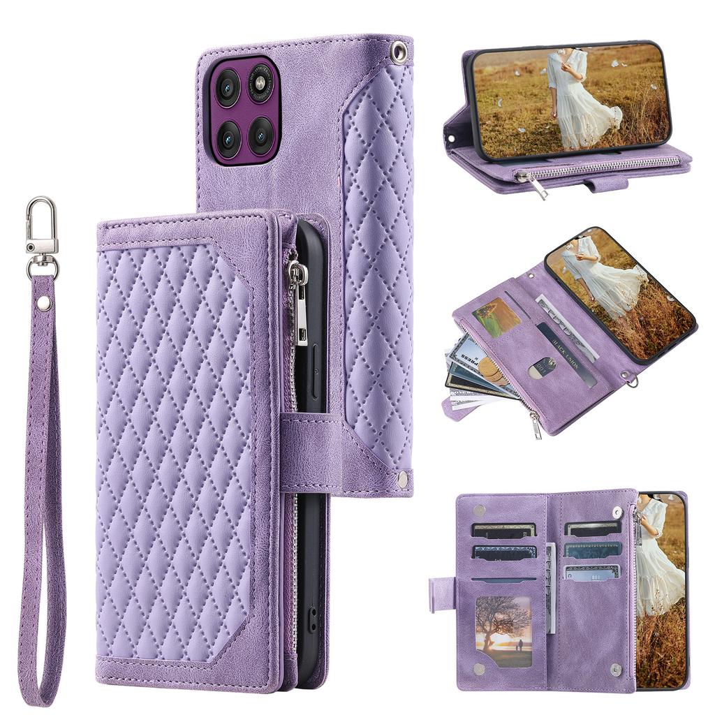 For Motorola Moto G56 5G Wallet Case Rhombus Stitching Line PU Leather Phone Cover with Wrist Strap