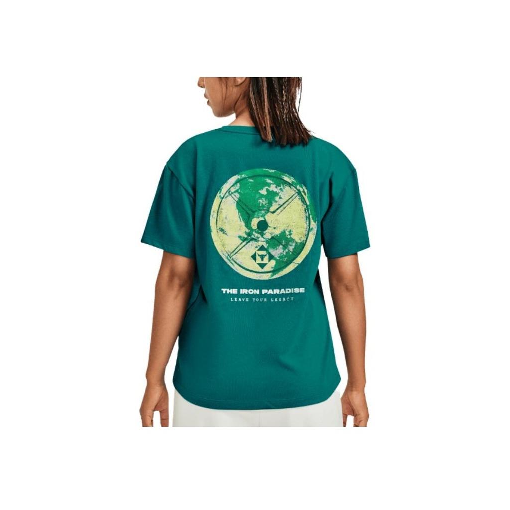 Under Armour Project Rock Logo Print Rundhals-T-Shirt Damen Tops Aqua 1376917-722