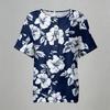 Women's Floral Print Short Sleeve Shirt Henley Button Neck Chest Pocket Casual Linen Cotton Blended Top for Summer