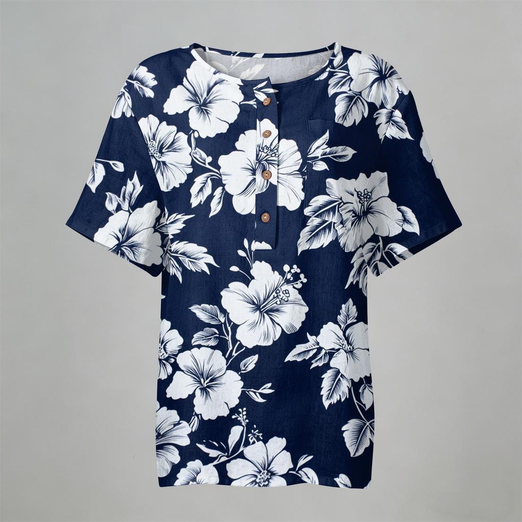 Women's Floral Print Short Sleeve Shirt Henley Button Neck Chest Pocket Casual Linen Cotton Blended Top for Summer