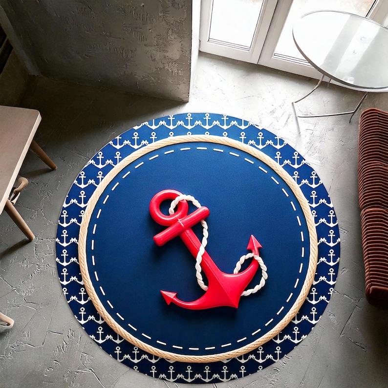 

Nautical Anchor Round Rug, Red Marine Theme Kids Room Carpet, Coastal Ocean Nursery Playmat, Non-Slip Beach House Decor Gift Diameter 100cm