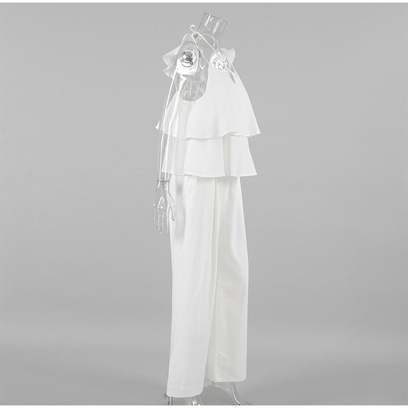Casual White Cotton and Linen Women's Suit Fashion Fly Sleeve Tops Wide-leg Pants Solid Color Two-piece Suits