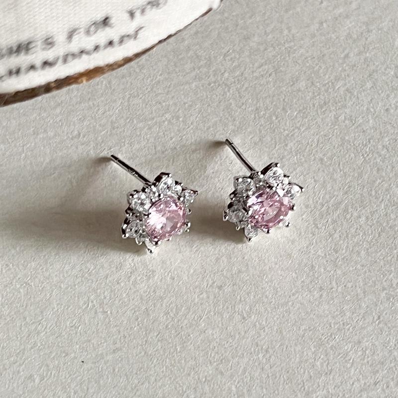 925 Sterling Silver Snowflake Earrings with Diamonds and Pink Zircon - Elegant Women's Christmas Gift