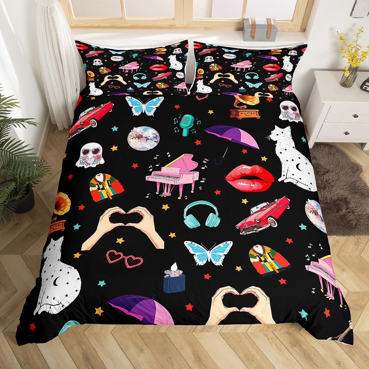 

Music Fans Print Duvet Cover Twin Full Music Theme Comforter Cover Singer Fan White Bedding Set For Birthday Valentines Day Gift EU Single(135*200cm)3pcs