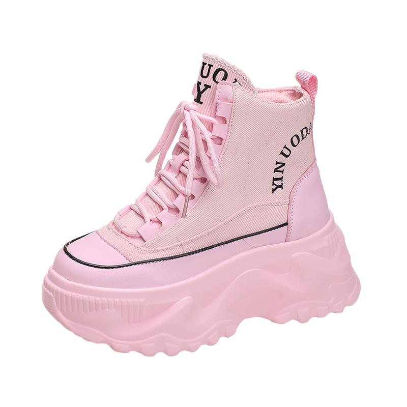 Fashion Women Ankle Boots Lace Up 8CM Sneakers High Platform Punk Boots Spring Autumn Black Chunky Motorcycle Boots Botas Mujer