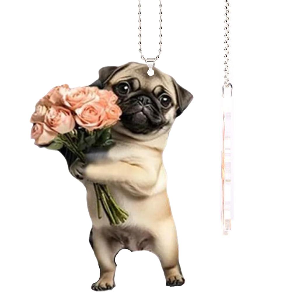 Adorable Pug Acrylic Car Rearview Mirror Accessories 2D Cute Puppy Pendant Ornaments Keychain Charms For Car Backpacks Decor