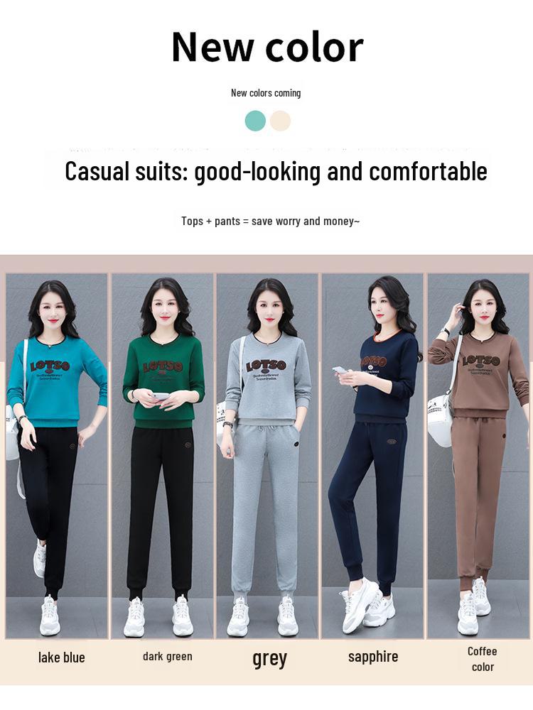 Khmer Embroidered Casual Sport Suit for Women - Spring/Autumn Age-Reducing Sweater & Sweatpants