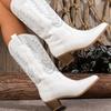 Cowboy Boots for Women Wide Mid Calf Pointed Toe Non-Slip Embroidered Chunky Block Heels Cowgirl Boots Women's Pull On Comfortable Western Booties