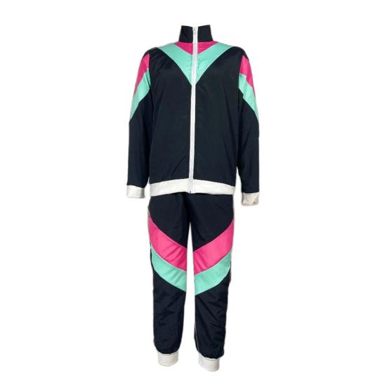 2Pcs/Set Disco Tracksuit Retro 80s Sportswear Long Sleeve Color Block Zipper Jacket High Waisted Long Trousers Set Men Women Party Wear