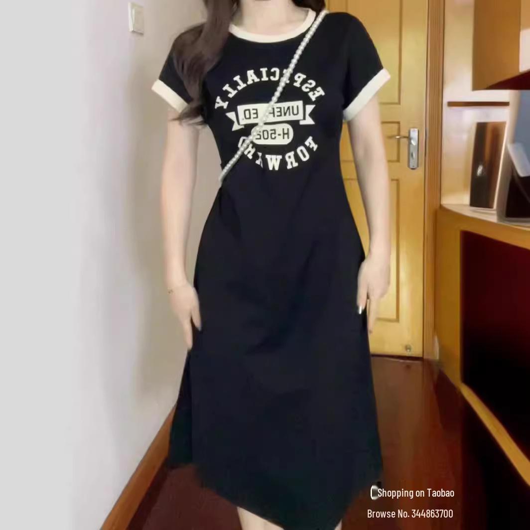 

Women s European Style Ice Silk Summer Dress: Short Sleeve Slim Fit Long Skirt with Letter Print and Split Design. 2XL чорний
