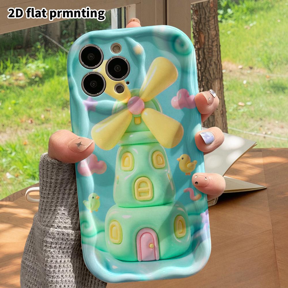 Phone Case: 2D flat design suitable for iPhone 18 17 16 15 14 13Pro, mint green windmill cottage, perfect Christmas and Halloween holiday gift