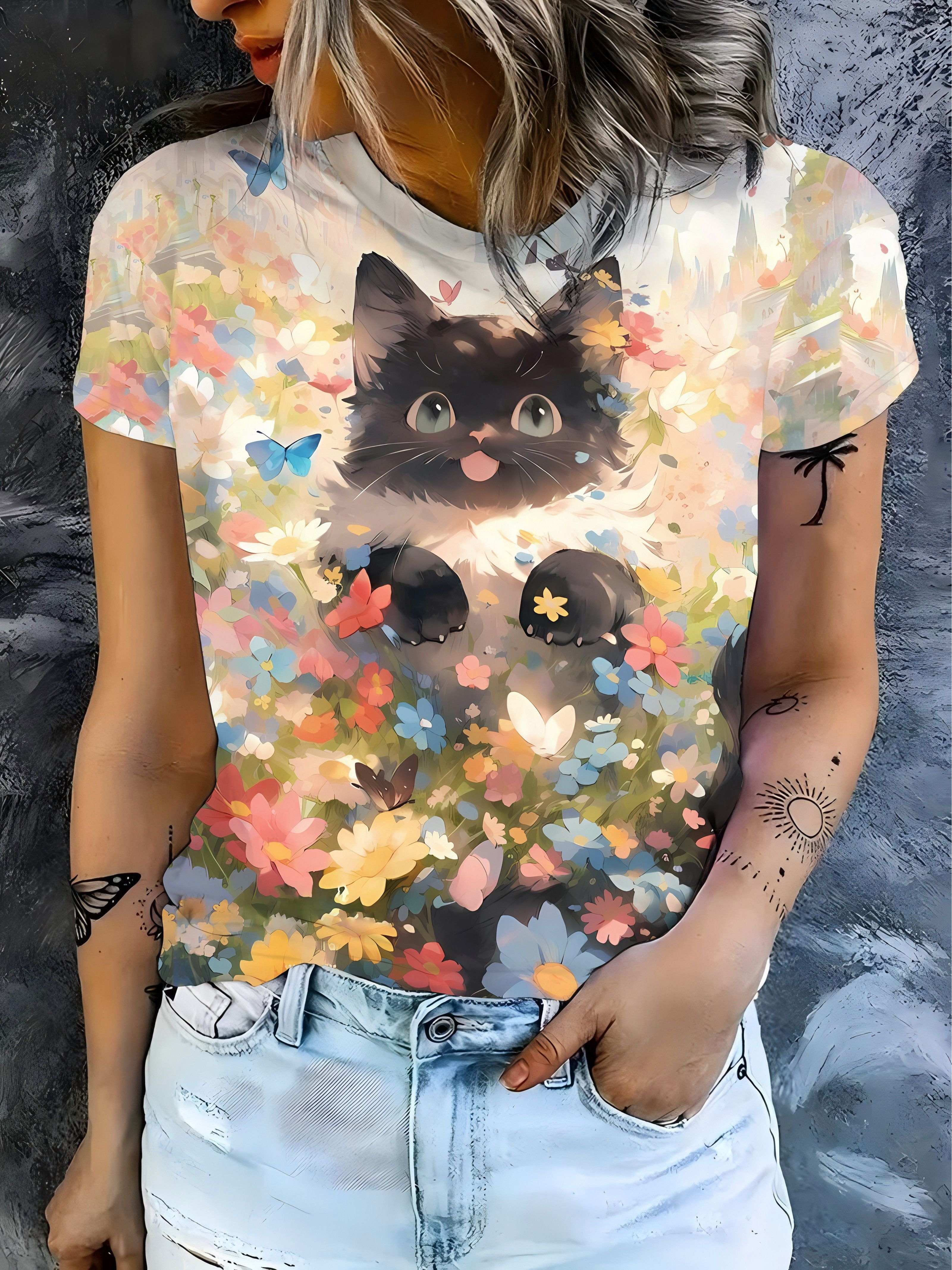 

Cat in Flowers T-Shirt - Women S Casual Short-Sleeved Round-Neck Top. Featuring a Colorful Floral Design. Suitable for Spring And Summer Wear Optimis 2XL дубильна кора