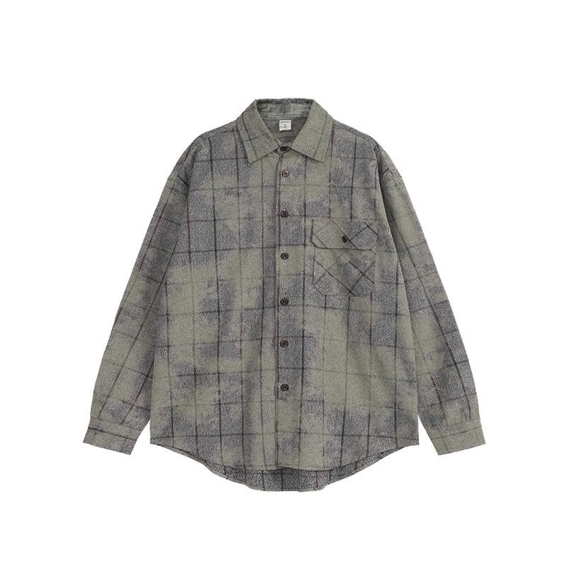 

American Street Retro Batik Plaid Long Sleeves Shirt for Men and Women 2024 Autumn Fashion Brand Casual Loose Shirt Coat Gray Green XL