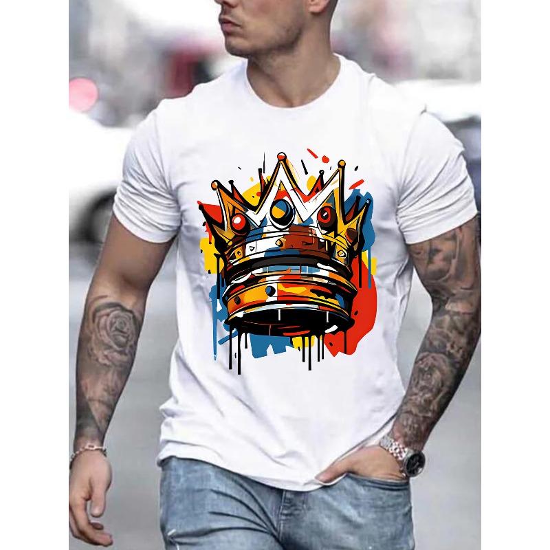 

European sizes Men S Casual Summer T-Shirt with Vibrant Crown Print - Short Sleeve, Round Neck, Lightweight & Stretchy Fabric, Regular Fit, Adult Size S белый