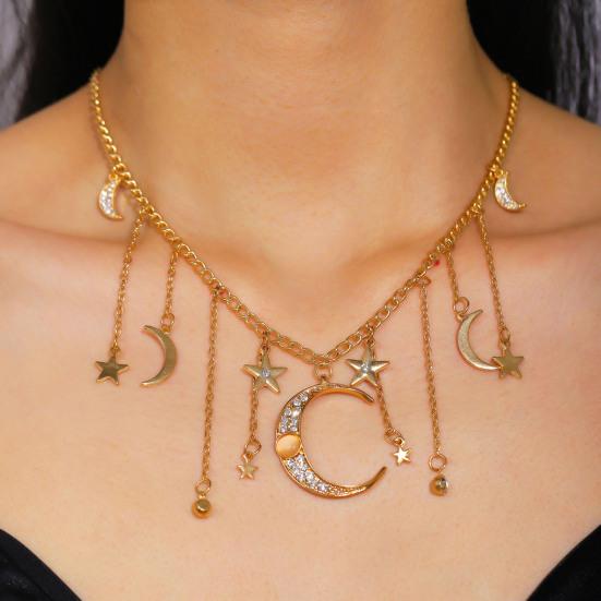 Star Moon Charms Necklace Boho Tassel Chain Choker Rhinestone Crescent Pentagram Fringe Charm Necklace for Women Dates Parties Jewelry