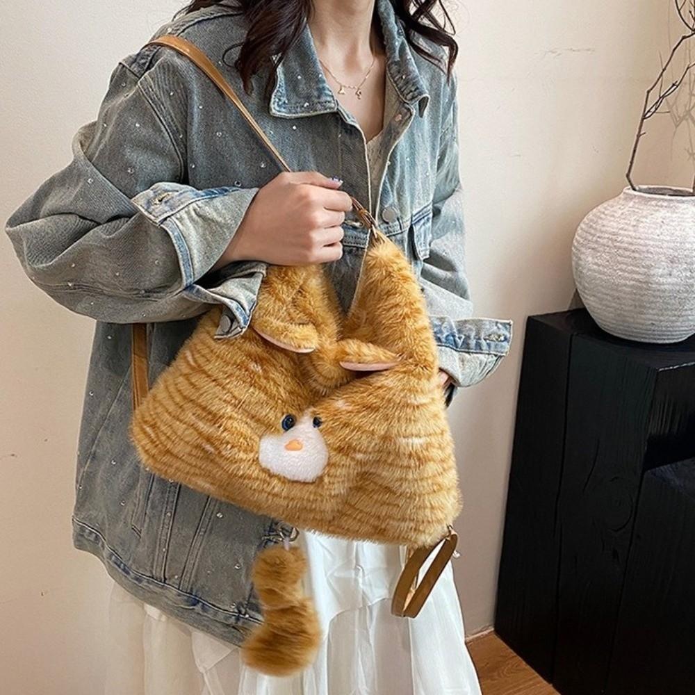 Large Capacity Cat Plush Backpack Animal Cartoon Daypack Casual Furry School Bag  Girls