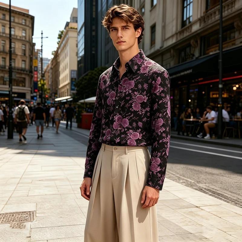 Men's collared loose-fitting long-sleeved shirt, floral print, flowy blouse, urban casual cardigan top.