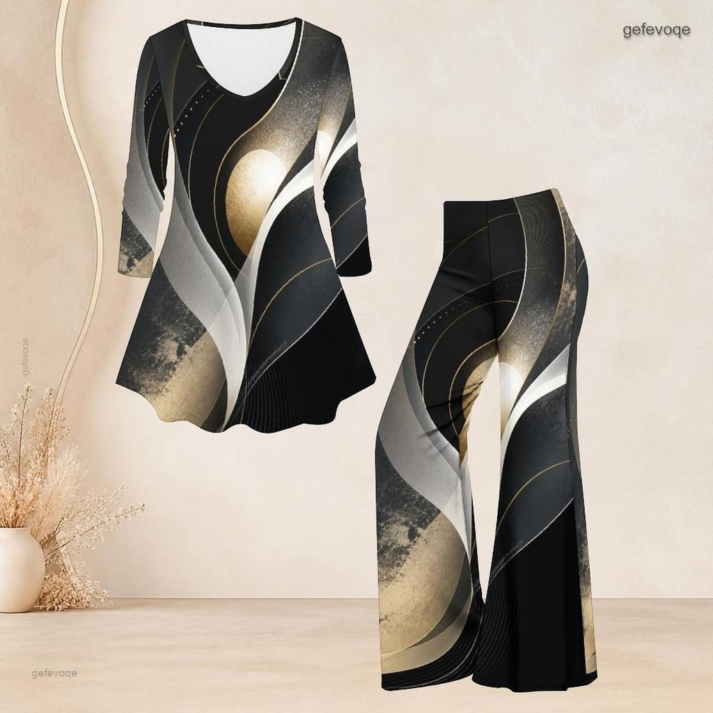 Women Plus Size V Neck Three Quarter Sleeve Printed Flared Top And Flared Pants Two Piece Set