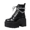 Patent Leather Gothic Black Boots Women Heel Sexy Chain Chunky Heel Platform Ankle Boots Zipper Shoe