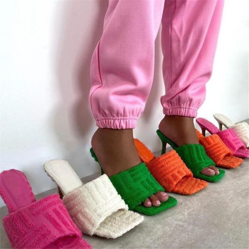 

Newestfashion Women Corduroy Slippers Luxury Design Ladies Slides Summer Autumn High Heel Shoes Female Flip Flops Lazy Mules Shoes