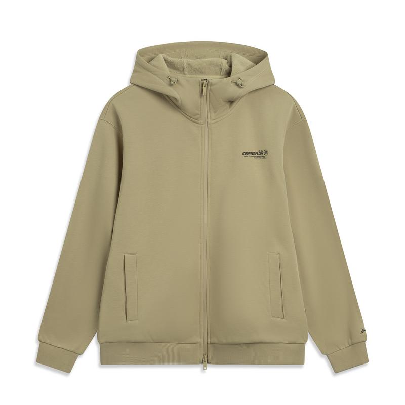 Li Ning CF Suo Fleece Warm Anti-Static Loose Hoodie Men Hoodies Khaki AWDV915-5
