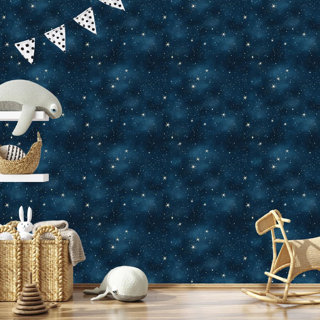 Navy and Turquoise Wallpaper Watercolor Galaxy, Soft Forms 50x1000