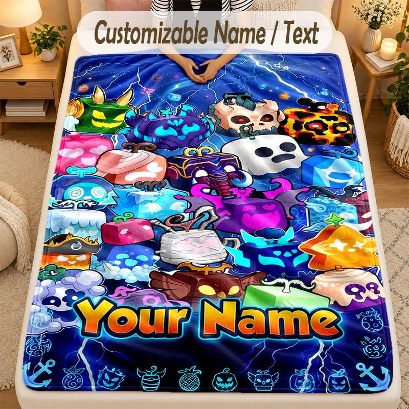 Flannel BlanketBlox Fruits Custom Name Text Personalized Soft Warm Throw Blanket Home Decor Gift